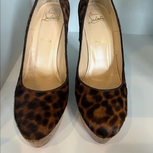 Christian Loubotin Leopard Print Pony Hair Cork Platform Wedges
